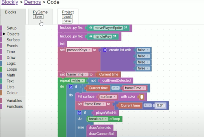 Online 2D Game Design with Blockly Pygame by Bay Coding Club